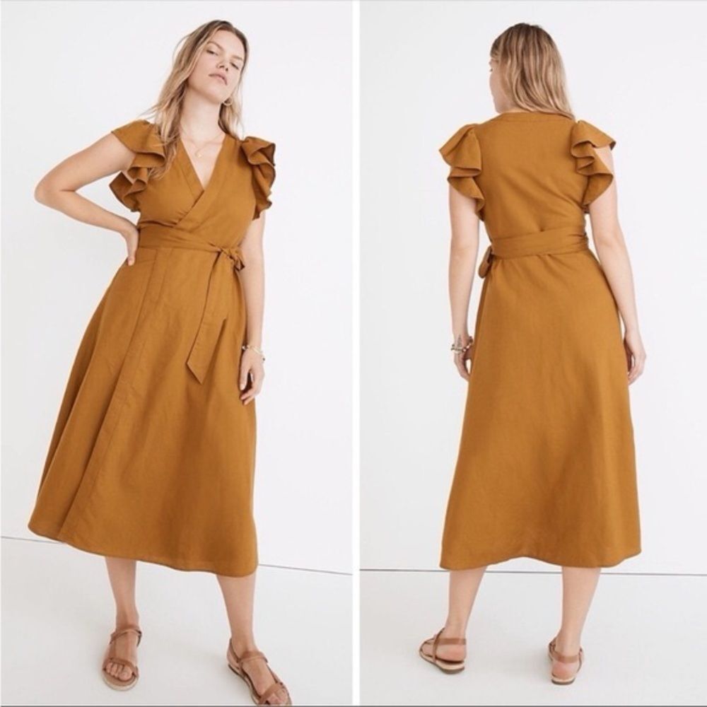 Madewell Linen-Blend Ruffle-Sleeve Full Wrap Midi Dress (Antique Gold) Size XS